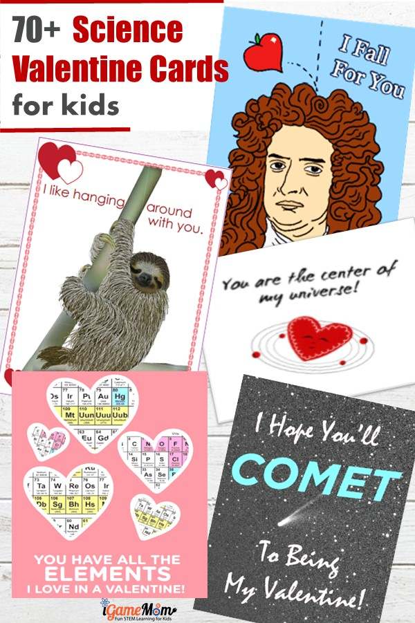 How fun! 70+ science Valentine cards for kids, with cool pictures and catchy lines, science and scientists of physics, chemistry, animals, biology, … Fun printable Valentine cards for class Valentine exchange.