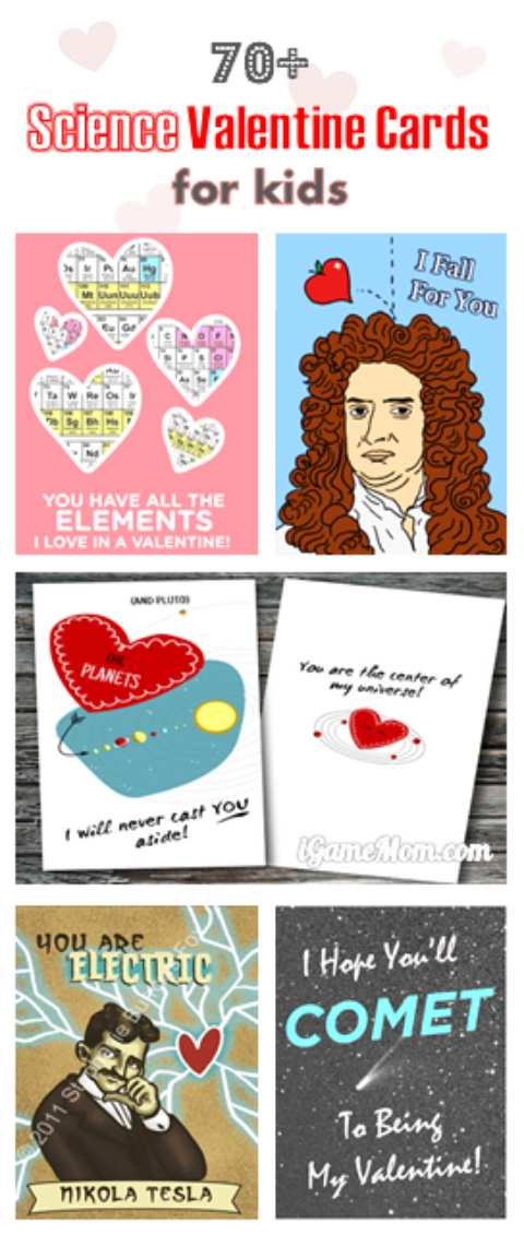 How fun! Over 70 science Valentine cards for kids. Kids will find cool pictures and catchy lines on these cards, and will learn science and scientists too. There will be subjects like physics, chemistry, animals, … Great way to spark kids interest in science.