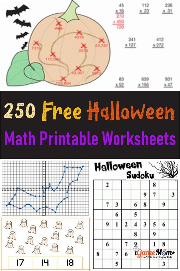 Halloween math free printable worksheets for students preK to grand 5, with Halloween themes: pumpkin, ghost, bat, candy and more