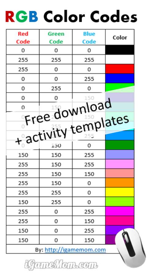 RGB color code table free download