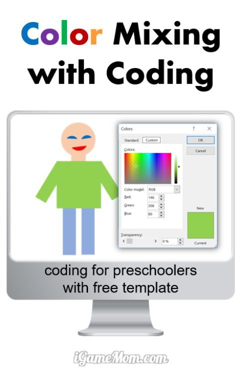 Color mixing with computer coding for preschool kids learn RGB color codes and their impact on the colors, with free coloring template and RGB color mixing chart table.