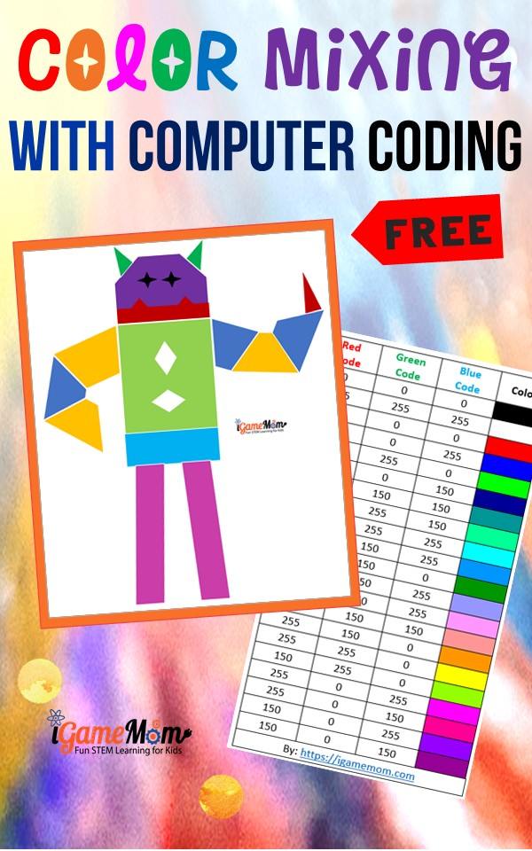 color mixing with computer coding for preschool to school age children with free coloring template and RGB color code table