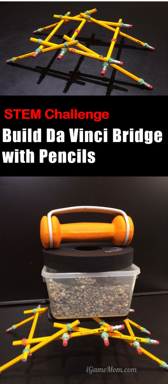 STEM Challenge for kids: build a Da Vinci bridge with pencils. Fun team project for a science class. Students learn engineering design process, physics, forces, fraction, gravity.