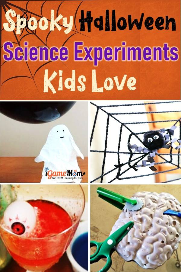 Halloween science experiments for kids: Pumpkin, Candy, skeleton, human body, ghost, spider. Spooky Fall STEM activities entertain the whole family.