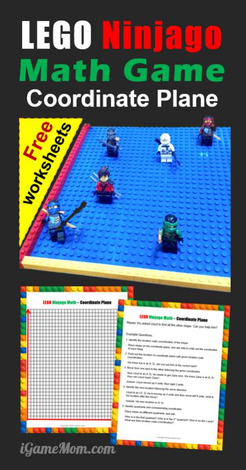 LEGO Ninjago math game for coordinate plane and ordered pair with free printable worksheets. Hands on STEM activity ideas for grade 1 to 6
