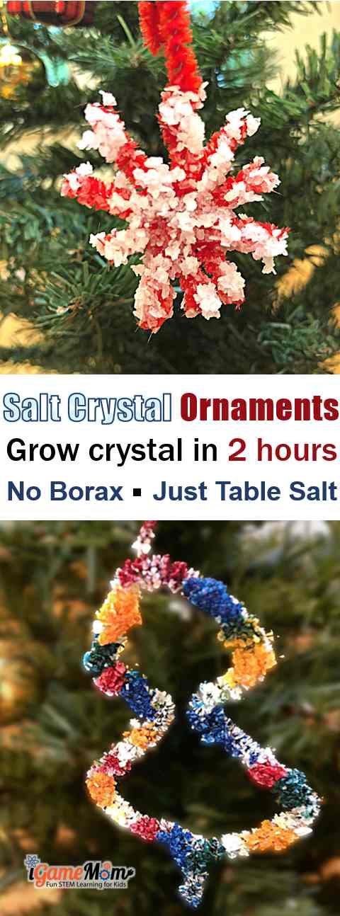 Grow salt crystal ornaments at home, so easy kids can make them at home. So fast, you don't have to wait over night to see the effect. Just regular table salt, pipe cleaner, contruction paper. No borax. Fun STEAM holiday project to learn science chemistry solubility and saturation