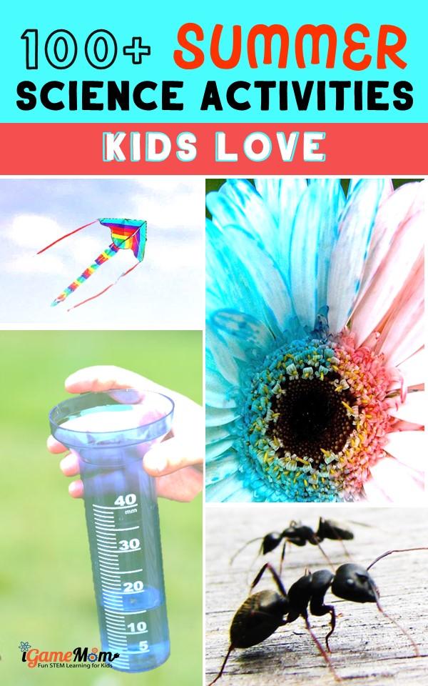 Summer science activities experiments at home, backyard, kitchen, with bird, bugs, rain, sand, sun, moon. STEM science lab at home.